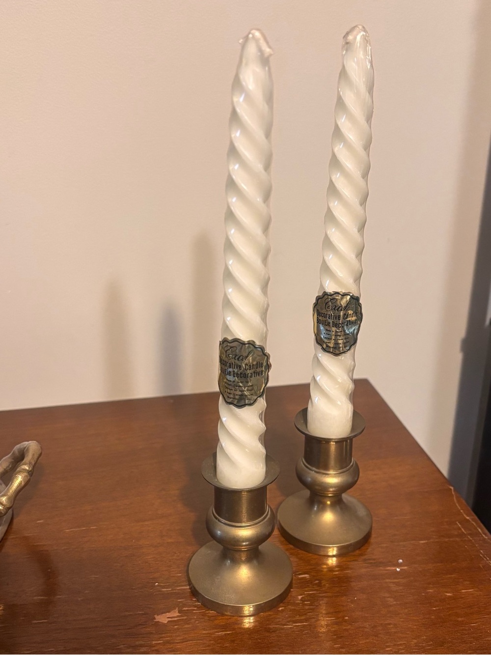 Vintage Brass Candle Stick Holders with White Twisted Taper Candles